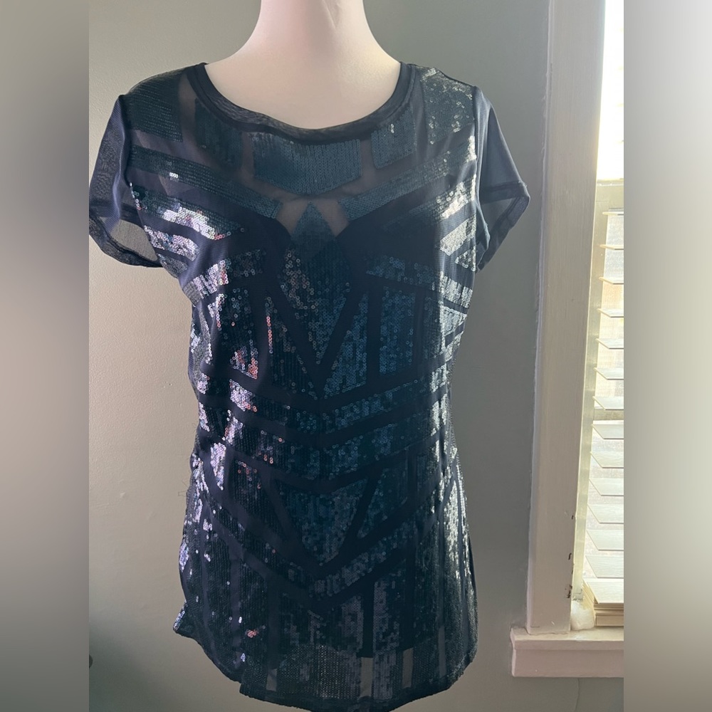 Inc beautiful Navy blue top with sequins front. Sheet sleeves. Size L